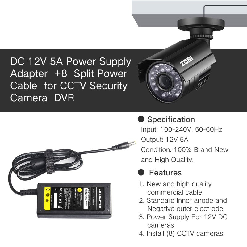 Fancy Buying Security Camera Power Adapter 12V 5A 100V-240V AC to DC 8-Way Power Splitter Cable FCC Certified LED Power Transformers-Fits Analog/AHD DVR/Camera, RGB LED Strip Lights - Image 5