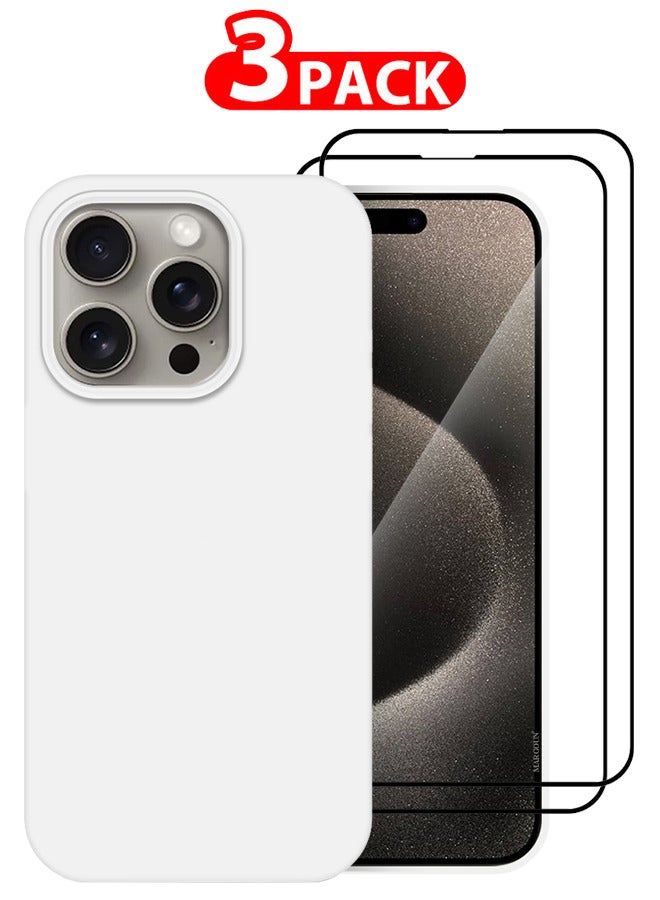 3 Pack For iPhone 15 Pro Max Case and 2 Screen Protectors Silicone Case Full Body Protective Cover Shockproof Slim Phone Case Anti-Scratch Soft Microfiber Lining White