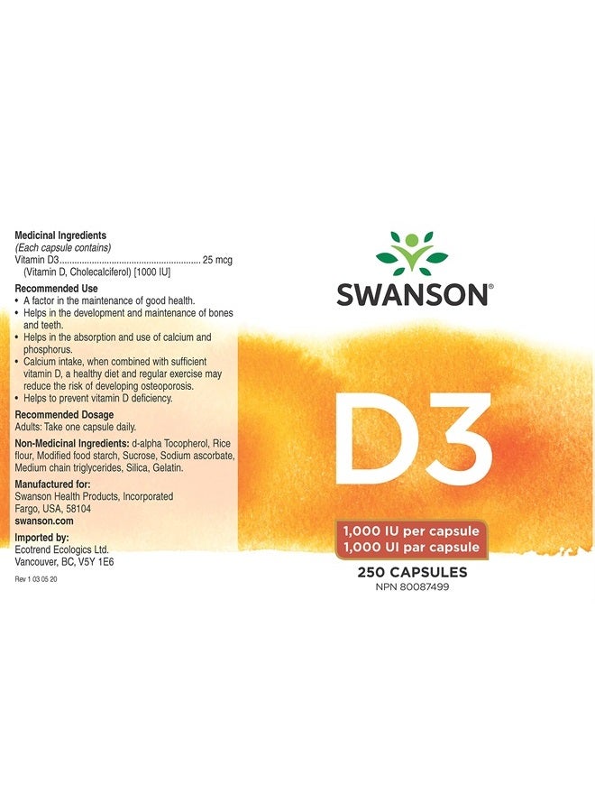 SWANSON Vitamin D-3 (cholecalciferol) - High Potency - 1000 IU (25 mcg) 250 Capsules - Image 1