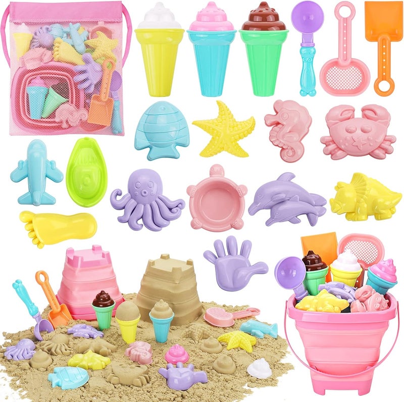 REZUCREY Beach Toys, Ice Cream Sand Toys for Toddlers, with Collapsible Bucket and Shovels for Kids with Bag, Travel Toys for Boys Baby Girls Age 3 4 5 6 7 8+ - Image 1