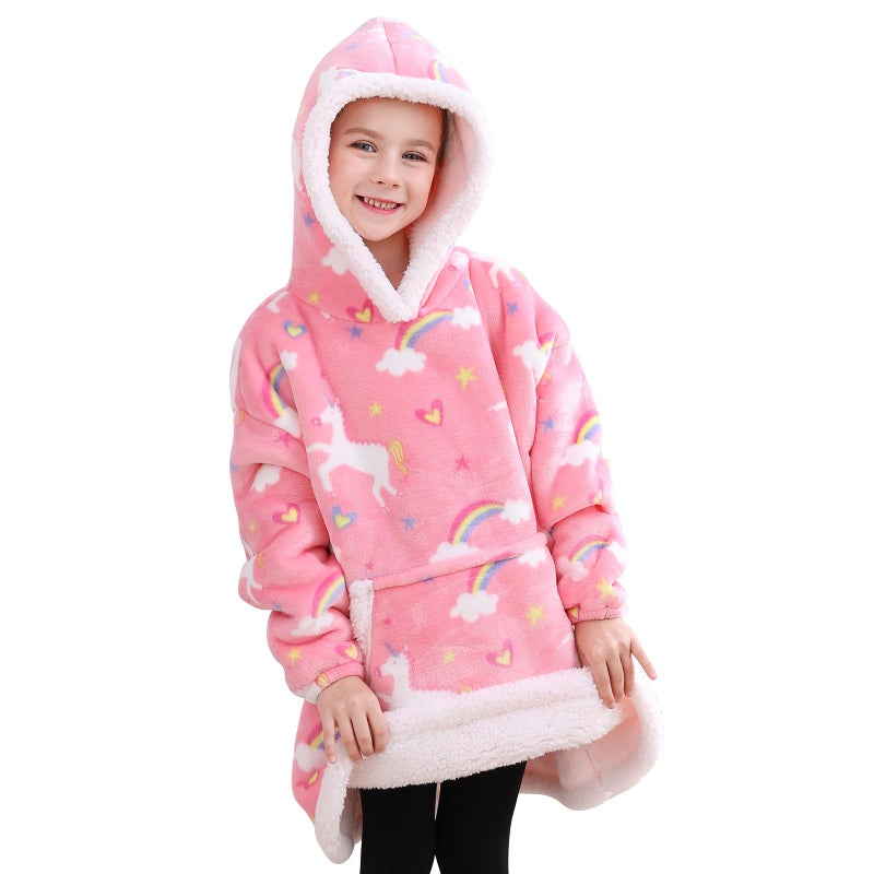 softan Wearable Blanket Hoodie for Kids, Super Warm and Soft Sherpa Flannel Sweatshirt Blanket with Giant Pocket, Hooded Blanket for 6-10 Year Old Girls Gifts, Pink Unicorn - Image 1