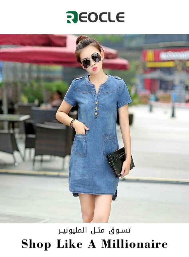 REOCLE Women's Denim Dress Classic Short Sleeve Shirt Dress Collared V Neck Casual Jean Dresses with Pockets  - Image 1