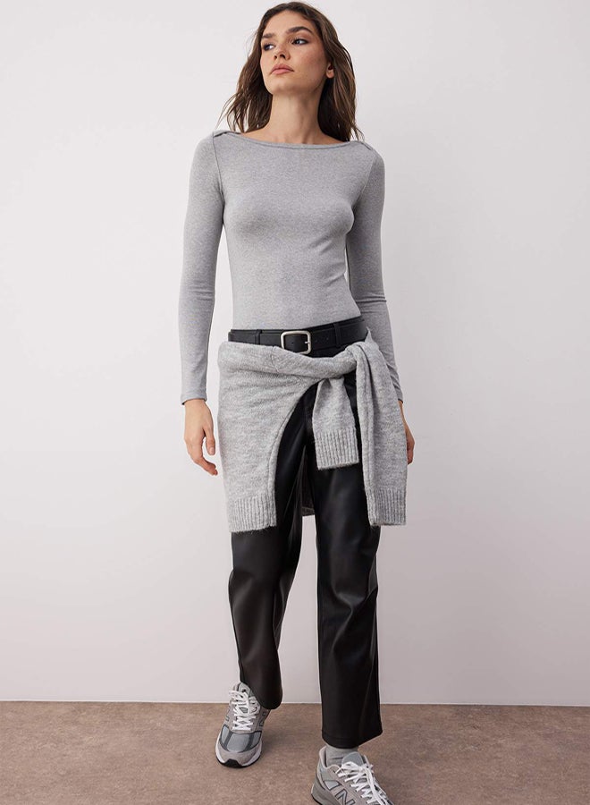 trendyol Gray Melange Boat Neck Body Fitting Stretchy Knitted Blouse - Image 2
