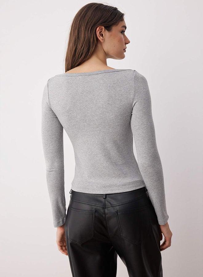 trendyol Gray Melange Boat Neck Body Fitting Stretchy Knitted Blouse - Image 4