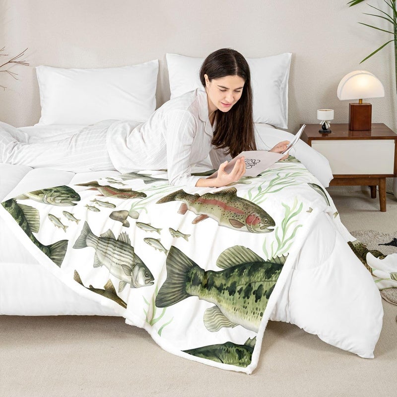 Erosebridal Fishing and Hunting Fleece Blanket Queen 90"x90" Big Pike Bass Fish Retro Sherpa Blanket Kids Fishing Fuzzy Plush Throw for Kids Boys Girls,Vintage Rustic Animals Decor for Bed Couch - Image 5