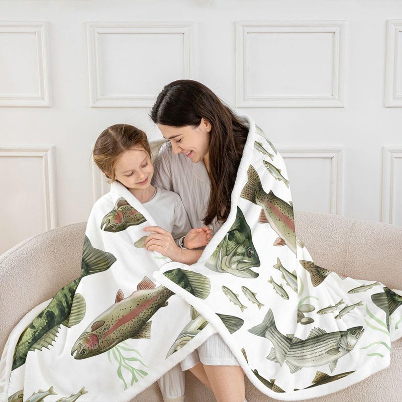 Erosebridal Fishing and Hunting Fleece Blanket Queen 90"x90" Big Pike Bass Fish Retro Sherpa Blanket Kids Fishing Fuzzy Plush Throw for Kids Boys Girls,Vintage Rustic Animals Decor for Bed Couch - Image 3