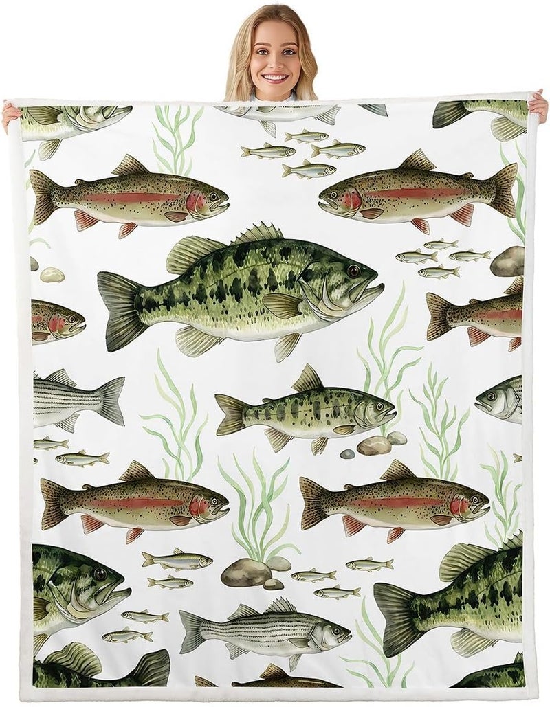 Erosebridal Fishing and Hunting Fleece Blanket Queen 90"x90" Big Pike Bass Fish Retro Sherpa Blanket Kids Fishing Fuzzy Plush Throw for Kids Boys Girls,Vintage Rustic Animals Decor for Bed Couch - Image 1