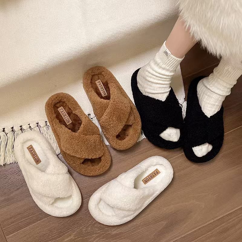 Cross Mao Mao Slippers Women'S Outer Wear Internet Popular Office Indoor Home Plush Cotton Slippers - Image 3