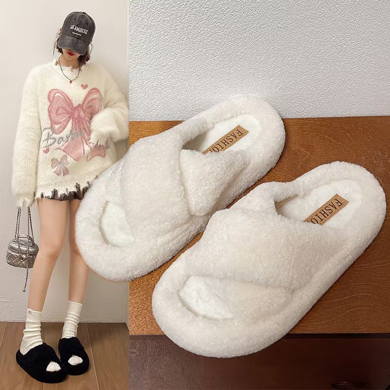 Cross Mao Mao Slippers Women'S Outer Wear Internet Popular Office Indoor Home Plush Cotton Slippers - Image 2