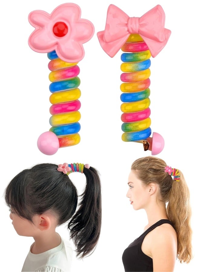 2Pcs Colorful Telephone Wire Hair Bands for Children with Braided Bow Design, Soft Spiral Hair Ties for Ponytails, Braids, Buns and Daily Hairstyles, Durable Non-Absorbent Polyester Hair Bobbins for Girls and Teens, School, Swimming, Sports, Yoga and Everyday Use - Image 1