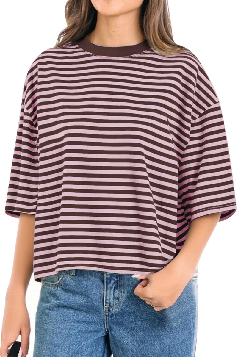 CHYRII Womens Oversized Striped T Shirts Short Sleeve Casual Fashion Summer Y2K Clothes 2026 Basic Tee (Pink+Coffee XL) - Image 2