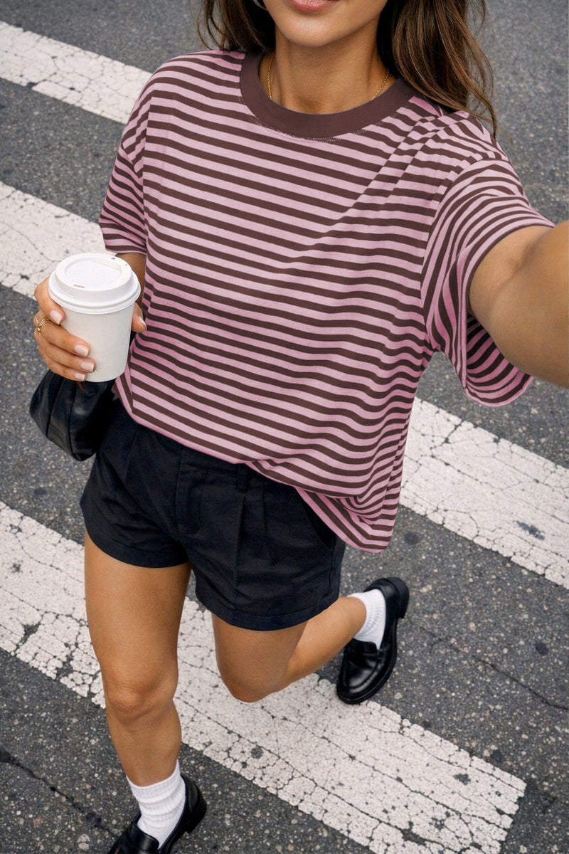 CHYRII Womens Oversized Striped T Shirts Short Sleeve Casual Fashion Summer Y2K Clothes 2026 Basic Tee (Pink+Coffee XL) - Image 3