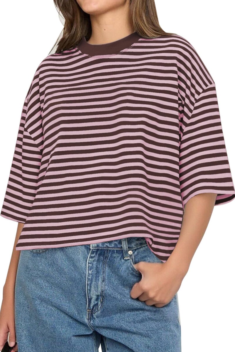 CHYRII Womens Oversized Striped T Shirts Short Sleeve Casual Fashion Summer Y2K Clothes 2026 Basic Tee (Pink+Coffee XL) - Image 1