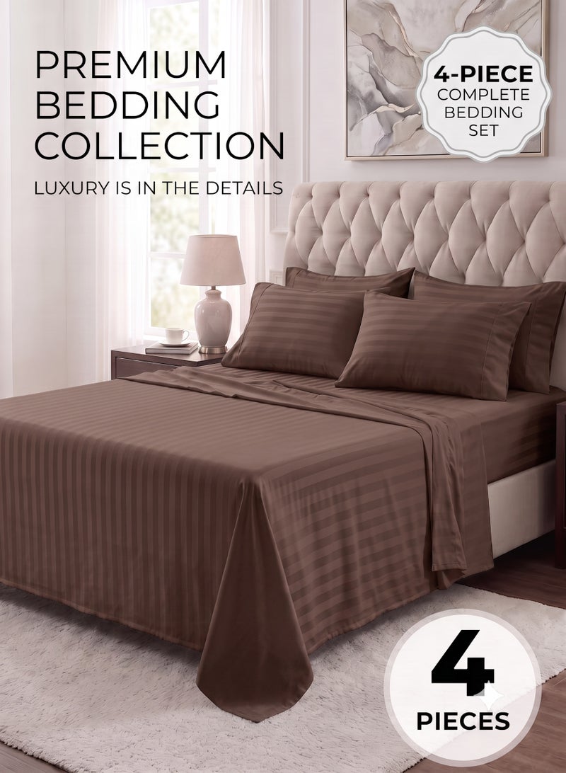 ZEESQUARE Luxury 4-Piece Brown Striped Bedding Set | Hotel Collection Bed Sheet Set with Flat Sheet, Fitted Sheet & 2 Pillow Covers | Soft Breathable Microfiber Bedding for King Size Bed | Premium Bedroom Bedding Set - Image 1