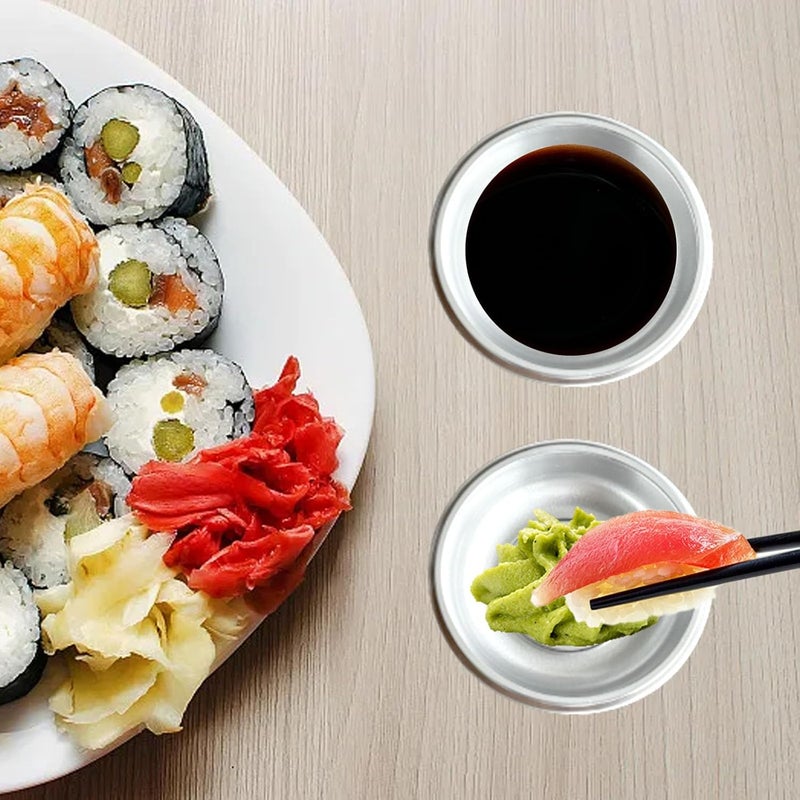 Xanadued 100 Pcs Plastic Disposable Sauce Dishes Dipping Soy Sauce Seasoning Plate Bowls Mini Condiment Appetizer Tray for Sushi Soy Mustard Vinegar Ketchup BBQ Silver Circular - Image 5