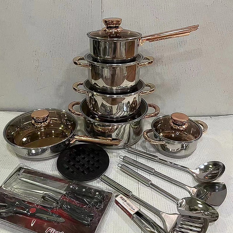 Stainless steel pot set 35PCS pot set double bottom frying pan milk pot soup pot cookware set 23PCS - Image 3