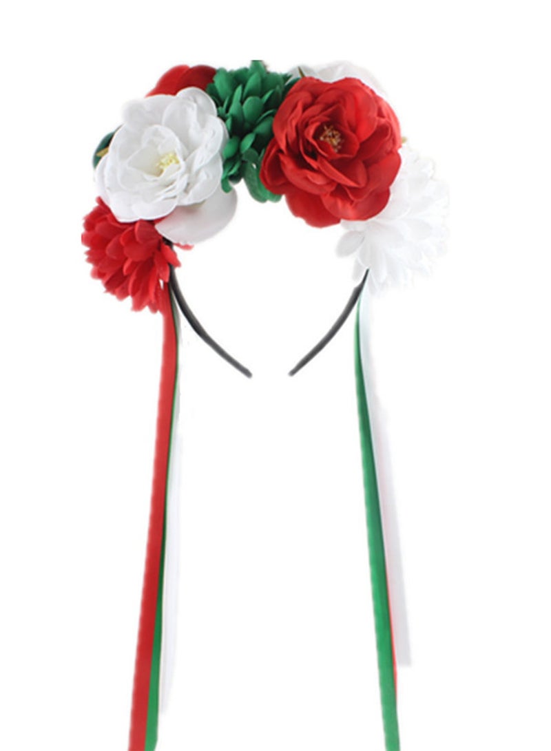 Mexican Flower Crowns Headband, Headpiece for Halloween Festival Party（Red Green White） - Image 1