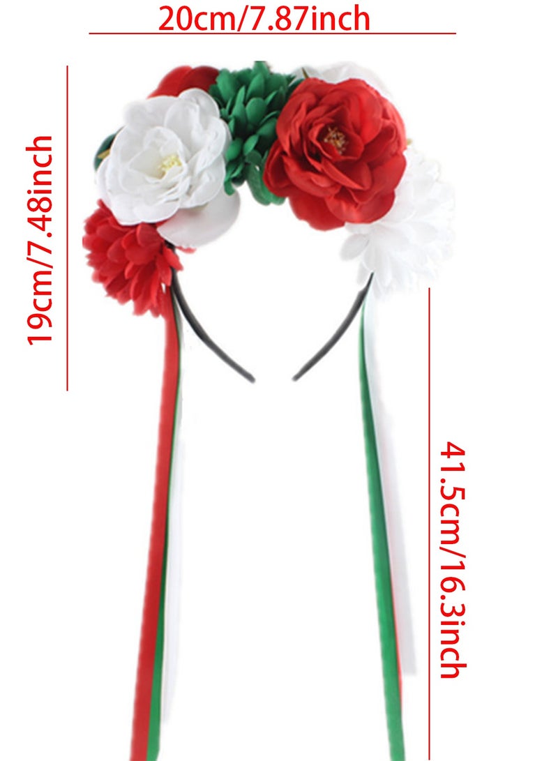 Mexican Flower Crowns Headband, Headpiece for Halloween Festival Party（Red Green White） - Image 2