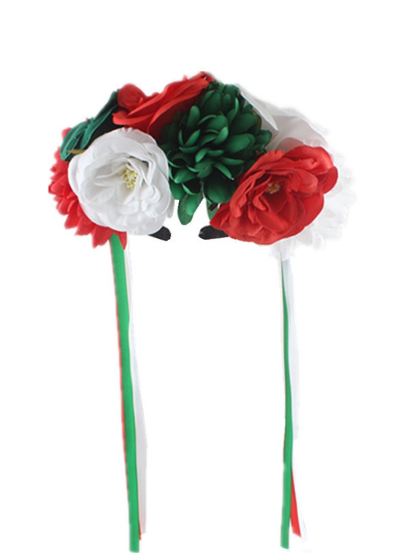 Mexican Flower Crowns Headband, Headpiece for Halloween Festival Party（Red Green White） - Image 3