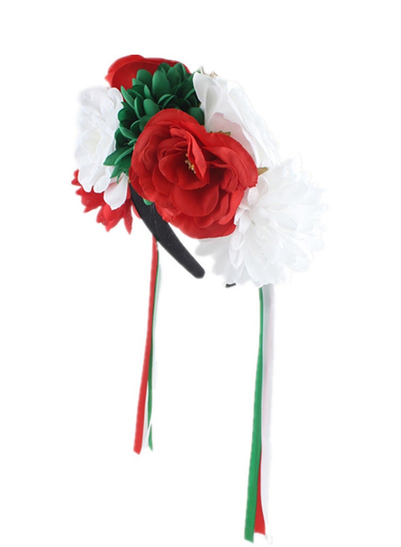 Mexican Flower Crowns Headband, Headpiece for Halloween Festival Party（Red Green White） - Image 4