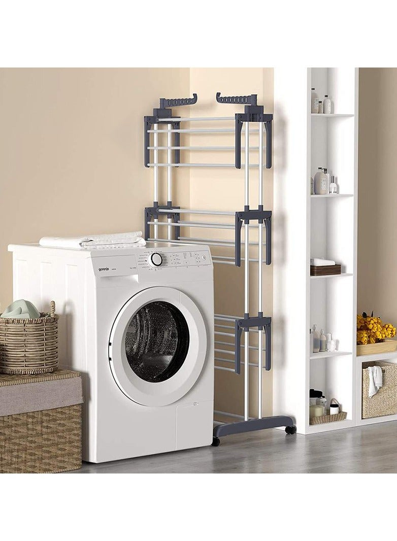 رف تجفيف الملابس، شماعة ملابس قابلة للطي من 4 طبقات، رفوف غسيل ملابس كبيرة من الفولاذ المقاوم للصدأ قابلة للتعديل للاستخدام الداخلي والخارجي - Image 2