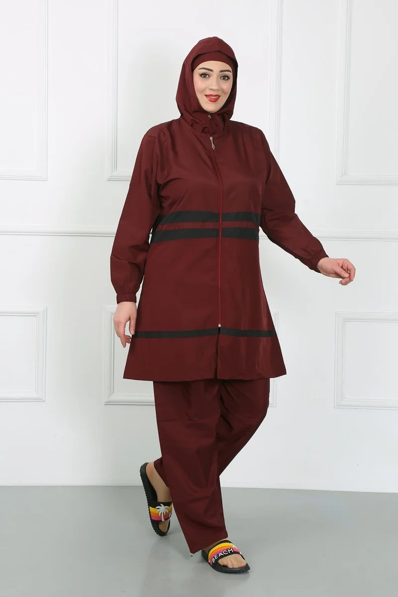 اكبينيز Plus Size Hijab Swimsuit Claret Red 44020
