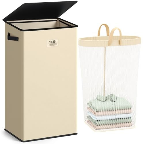 SOLEDI Laundry Hamper with Lid 100L Large Tall Collapsible Laundry Basket Clothes Hamper with Bag Removable Easy to Carry Dirty Hampers for Bedroom Bathroom Dorm College Beige - Image 1