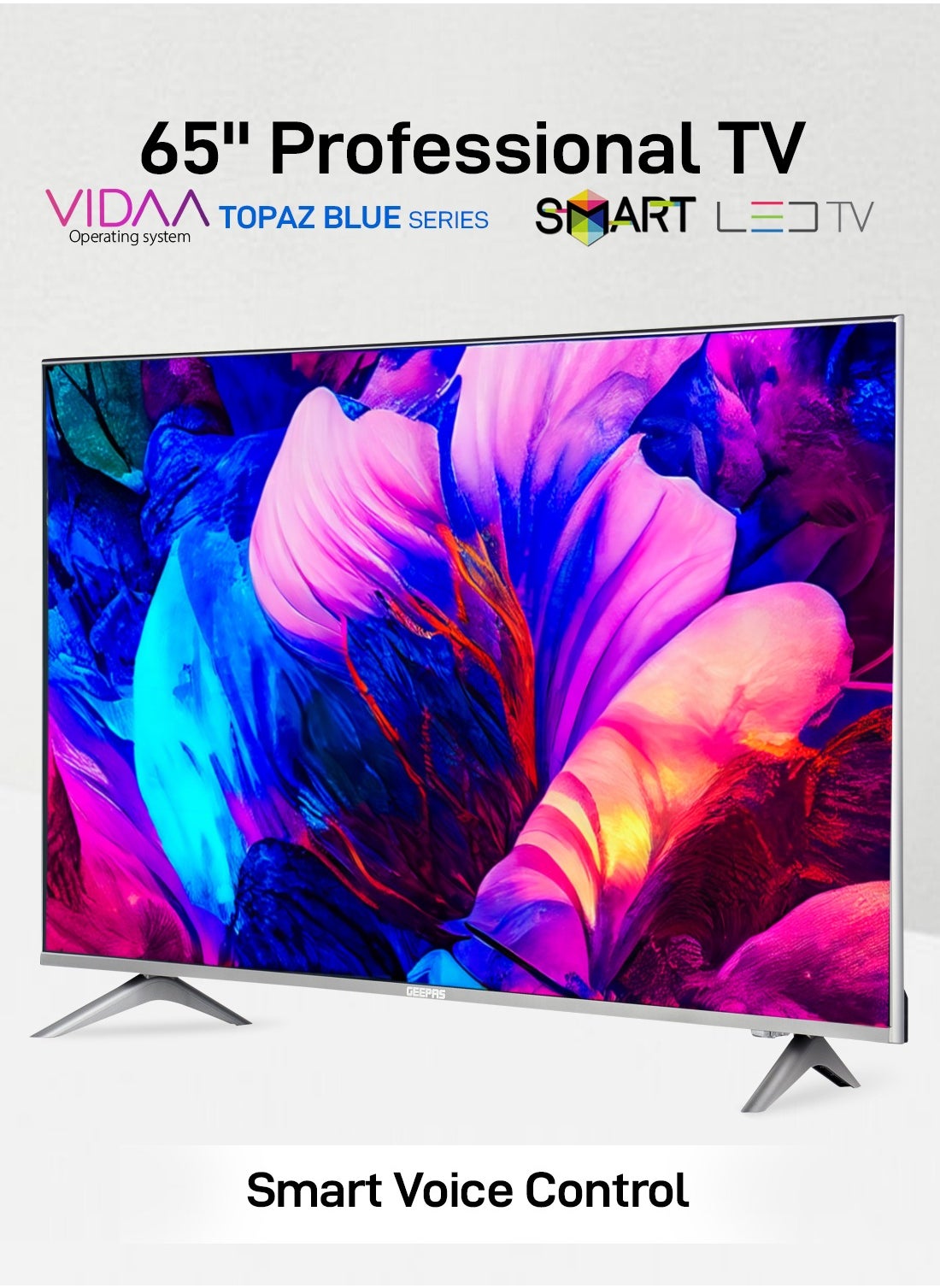 Geepas 65" VIDAA Professional TV- GLED6569SVUHD| Smart Voice Controll, 4K Ultra HD, Smart TV with Frameless Design| With Remote Control, HDMI and USB Ports| Licensed Contents and Pre-Installed Apps 