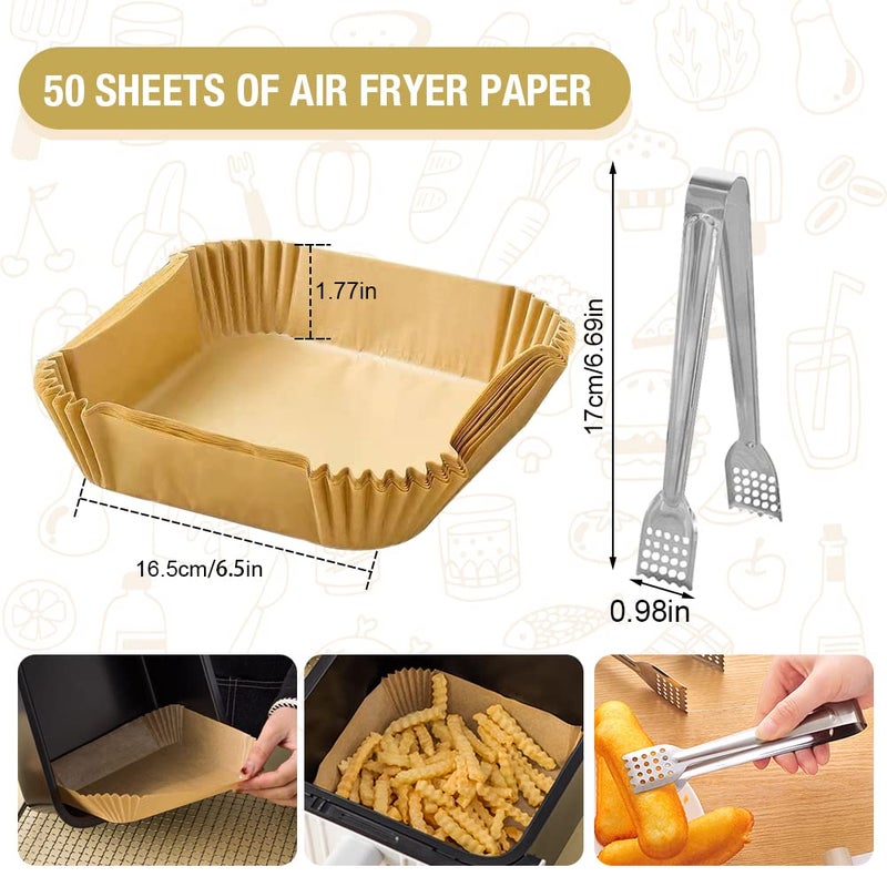 50Pcs Square Air Fryer Oil-Proof Paper Liner with a Clip, Disposable Non-Stick Parchment Cooking Paper for Air Frying Liners Water-proof Baking Paper for Roasting Microwave Oven L6.3×H1.8 Inch (50) - Image 3