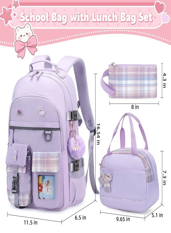 KIDNUO Backpack for Girls 15.6 Inch Laptop School Bag Kids Elementary 3pcs Backpacks Lunch box Pencil Case Set Bookbags, Purple, Large, Laptop Backpack - Image 2