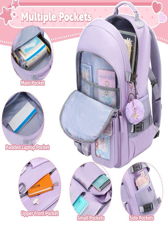 KIDNUO Backpack for Girls 15.6 Inch Laptop School Bag Kids Elementary 3pcs Backpacks Lunch box Pencil Case Set Bookbags, Purple, Large, Laptop Backpack - Image 3