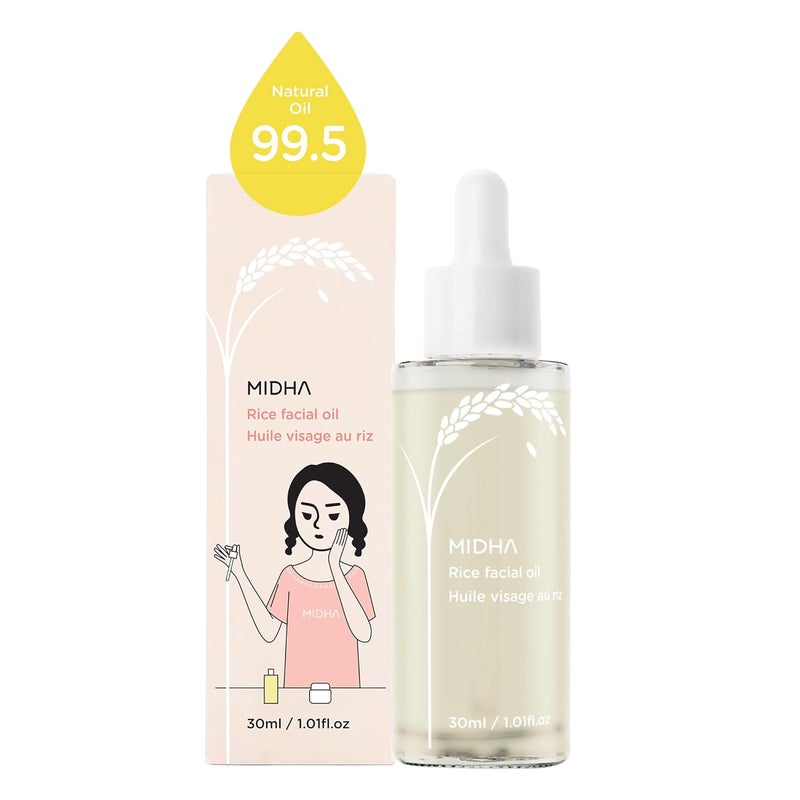 MIDHA Rice Facial Oil 30ml for skin moisturizing deep intense and immediate hydration and quick absorption with non greasy light oil like as rice bran oil
