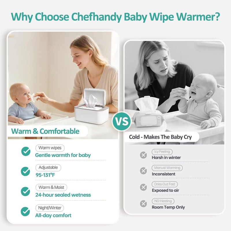 chefhandy سخان مناديل الأطفال، سخان مناديل وموزع مناديل مبللة للأطفال، تحكم ذكي في درجة الحرارة، سعة كبيرة تسخين متساوي وصامت، سخان مناديل محمول للأطفال (أبيض) - Image 3