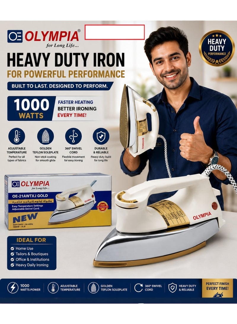 OLYMPIA Heavy Duty Dry Iron 1000W with Golden Teflon Non-Stick Soleplate, Adjustable Temperature Control, 360 Degree Swivel Cord, Fast Heating and Durable Design for Home, Tailors, Office and Daily Ironing - Image 1