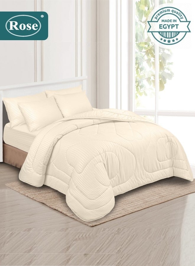 Rose Hotel Striped Comforter Set, Premium Microfiber, 6 Pieces, Fits 200x200 cm Double Size Bed, Breathable Soft Cooling, King Size Comforter, Off White - Image 1