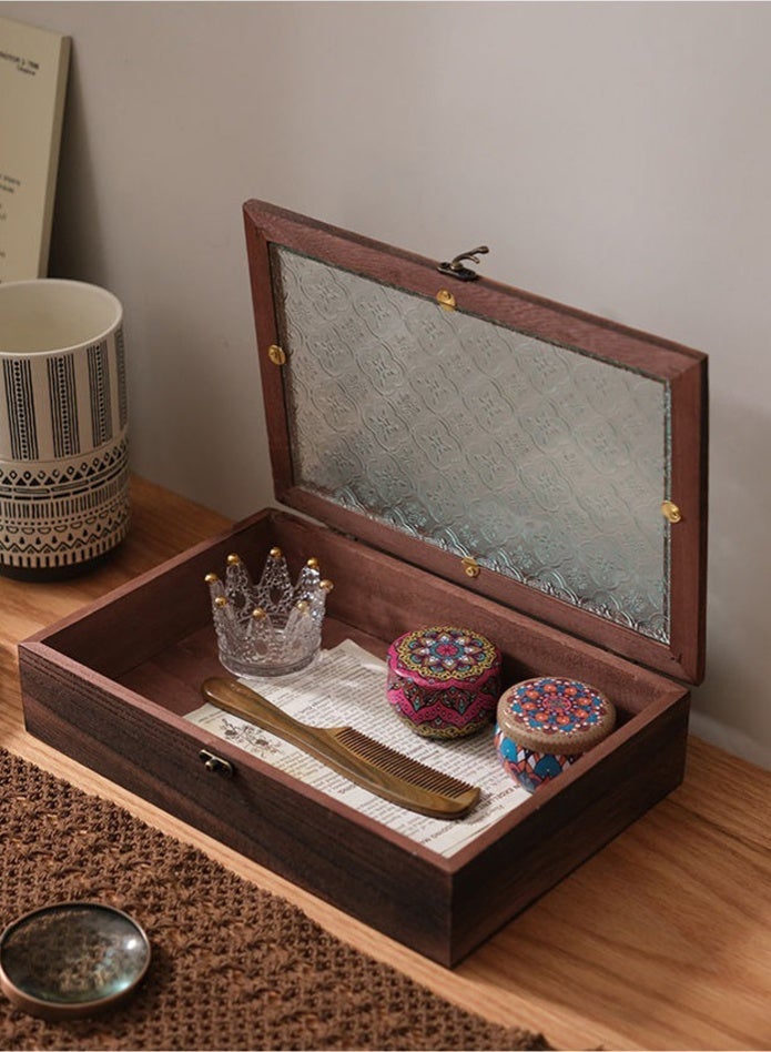 Haidue Large Wooden Storage Box with Vintage Glass Lid, Retro Style Keepsake Organizer for Jewelry, Cosmetics, and Treasures, Decorative Wooden Display Case with Secure Latch, 29.5×20×6.5 cm - Image 2