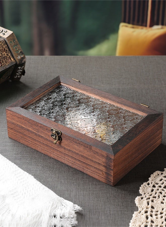 Haidue Large Wooden Storage Box with Vintage Glass Lid, Retro Style Keepsake Organizer for Jewelry, Cosmetics, and Treasures, Decorative Wooden Display Case with Secure Latch, 29.5×20×6.5 cm - Image 1