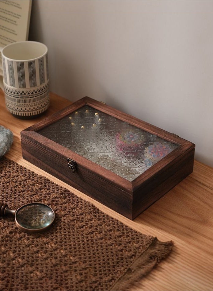 Haidue Large Wooden Storage Box with Vintage Glass Lid, Retro Style Keepsake Organizer for Jewelry, Cosmetics, and Treasures, Decorative Wooden Display Case with Secure Latch, 29.5×20×6.5 cm - Image 4