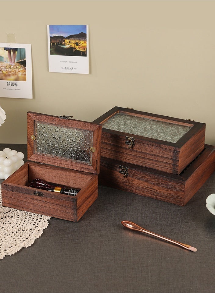 Haidue Large Wooden Storage Box with Vintage Glass Lid, Retro Style Keepsake Organizer for Jewelry, Cosmetics, and Treasures, Decorative Wooden Display Case with Secure Latch, 29.5×20×6.5 cm - Image 5