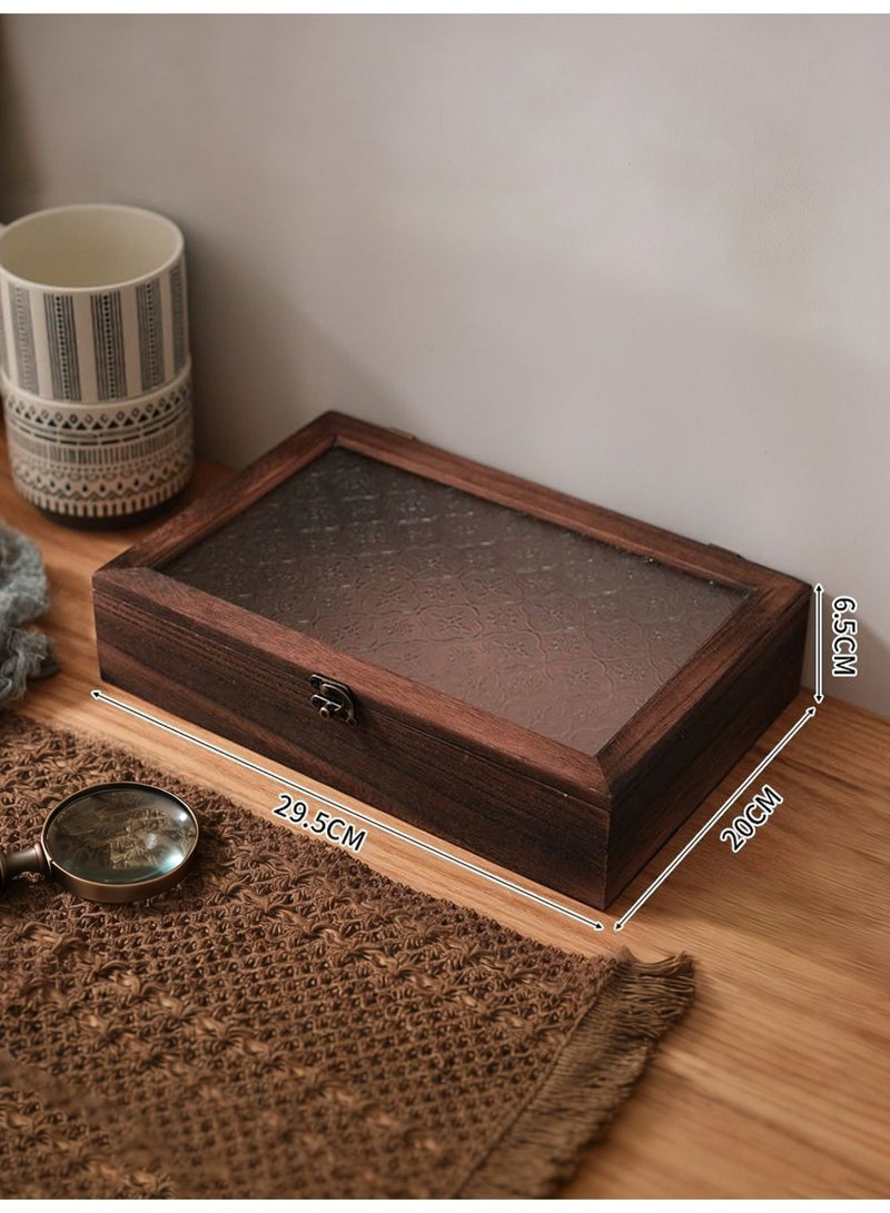 Haidue Large Wooden Storage Box with Vintage Glass Lid, Retro Style Keepsake Organizer for Jewelry, Cosmetics, and Treasures, Decorative Wooden Display Case with Secure Latch, 29.5×20×6.5 cm - Image 3