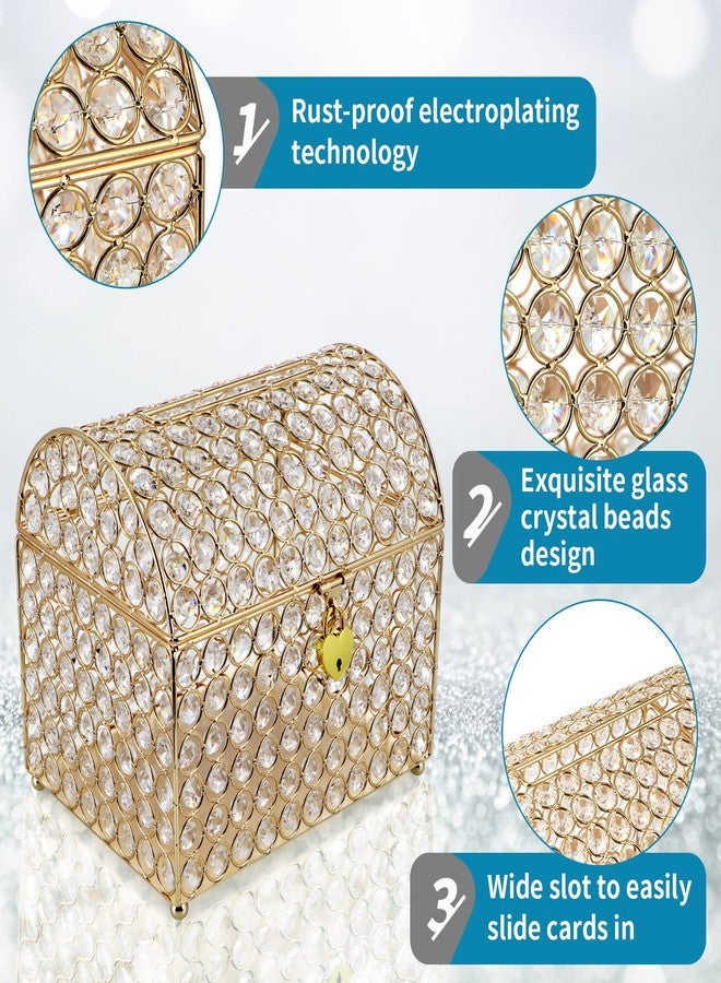 MDLUU Treasure Chest Card Holder with Heart Shaped Lock, Crystal Bead Box for Wedding, Birthday, Graduation (Gold) - Image 5