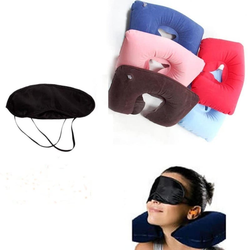 SNAPSHOPECOM SNAPSHOPECOM 3 in 1 Inflatable Travel Soft air Cushion Neck Pillow with Ear Plug and Eye Mask Set use for Home Comfortable Velvet Sleeping Eye Mask Headrest Pillow Airline Travel Kit 1 pcs - Image 3