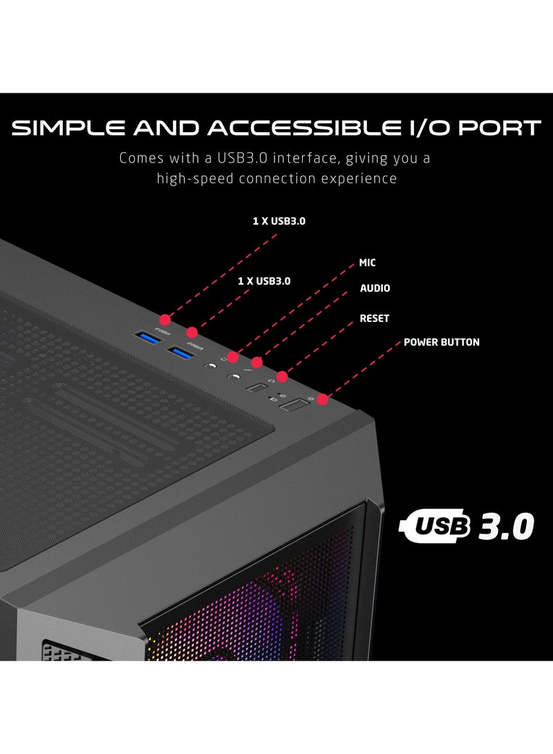 GAMEON Trident IV Gaming PC Case – ATX/M-ATX/ITX Support, ARGB+PWM Lighting, Tempered Glass, Pre-installed 4 Fans, Water Cooling Ready Black - Image 4