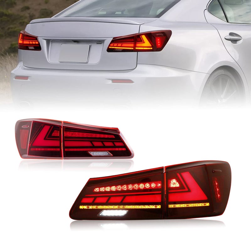مجموعة مصابيح خلفية HCmotion لسيارات لكزس سيدان XE20IS250IS350ISF من 2006 إلى 2013 مع إضاءة LED DRL وتأثير بدء التشغيل وإشارة انعطاف متسلسلة قابلة للتوصيل والاستبدال