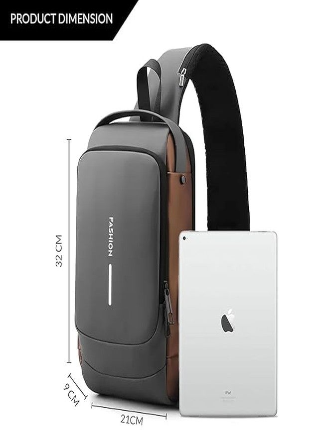 AB SALES Men's Waterproof Shoulder Bag with USB Charging Port, Anti-Theft Sling Backpack, Reflective Strip, Multi-Pocket Crossbody for Tablet, Travel, Outdoor, Business (Grey & Golden) - Image 2