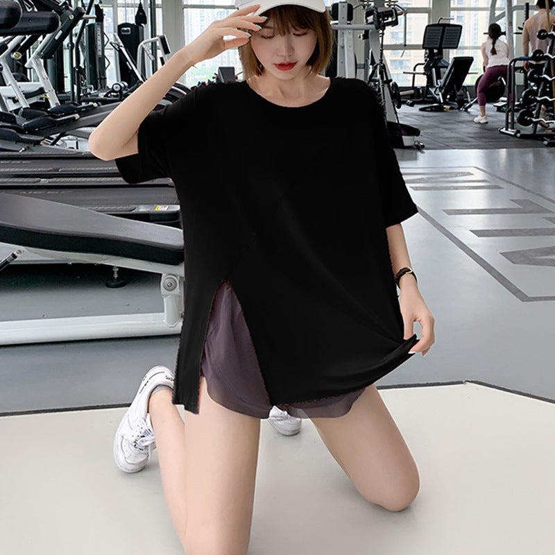 Generic Yoga T-Shirt Large Size Slit Sports Short-Sleeved Womens Quick-Drying Fitness Wear Loose Running Blouse Summer Thin Top Black short-sleeved 885 [regular style] 