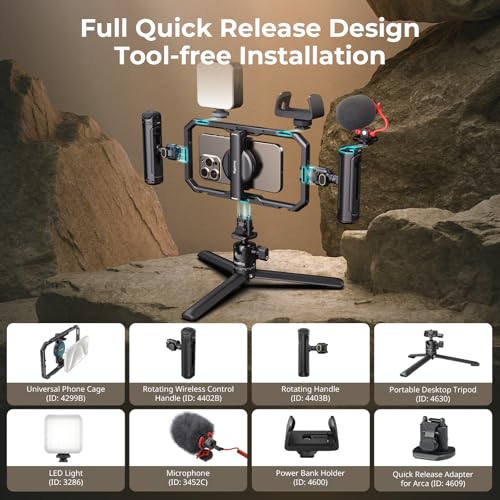 SMALLRIG مجموعة صغيرة من جميع في واحد لإطلاق سريع عالمي لتصوير الفيديو بالهاتف المحترف، مجموعة مثبت الهاتف مع ضوء LED وميكروفون وحامل ثلاثي QR ومقابض مزدوجة وحامل بنك الطاقة، للمبدعين والبث المباشر - 4704 - Image 2