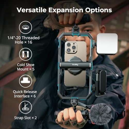 SMALLRIG مجموعة صغيرة من جميع في واحد لإطلاق سريع عالمي لتصوير الفيديو بالهاتف المحترف، مجموعة مثبت الهاتف مع ضوء LED وميكروفون وحامل ثلاثي QR ومقابض مزدوجة وحامل بنك الطاقة، للمبدعين والبث المباشر - 4704 - Image 5