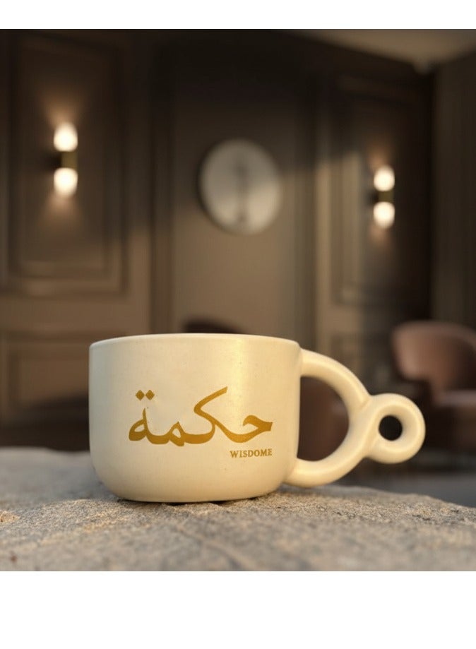 Tohfa Luxe Wisdom Double Loop Mug – Handcrafted Ceramic Mug with Golden Arabic & English Calligraphy (300ml)