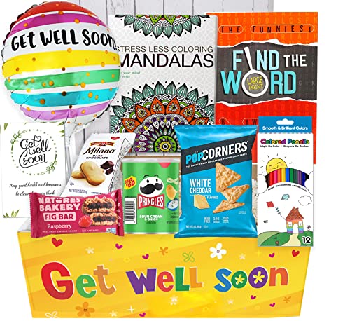 Beyond The Box GET WELL GIFT Basket, package for Adults or kids Men, women, boy or girl Care package, Feel better soon for home or hospital, after surgery w/Balloon, candy & snacks & greeting card, Sympathy Gift - Image 1